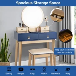Tangkula Vanity Table Set 3 Color LED Light Touch Screen Mirror W/ Stool Black/Navy -DreamNest Store GUEST af2a4524 31c3 4af2 87fb b12fe8941172