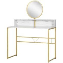 HOMCOM Modern Vanity Makeup Desk With Mirror, Dressing Table With Open Storage, Faux Marble Finish And Steel Frame For Bedroom, White And Gold -DreamNest Store GUEST af3eadda f9b1 42c1 b174 b25d988c8247