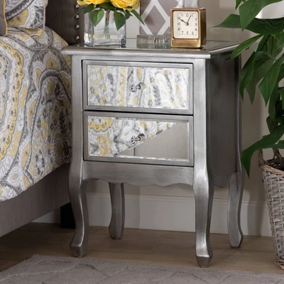 Leonie Wood And Mirrored Glass 2 Drawer Nightstand Silver - Baxton Studio 6 Leonie Wood And Mirrored Glass 2 Drawer Nightstand Silver - Baxton Studio - Image 6