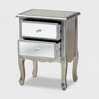 Leonie Wood And Mirrored Glass 2 Drawer Nightstand Silver - Baxton Studio 1 Leonie Wood And Mirrored Glass 2 Drawer Nightstand Silver - Baxton Studio