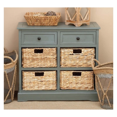 Wood Console 4 Wicker Baskets 2 Drawers Blue - Olivia & May 6 Wood Console 4 Wicker Baskets 2 Drawers Blue - Olivia & May - Image 6