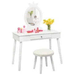 Tangkula Kids Princess Vanity Table Set W/ Chair Crown Mirror White -DreamNest Store GUEST b3ab2418 7897 4cbf a161 1c8ca3adcbcf