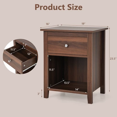Costway 2 PCS Nightstand Side Table With Drawer Open Shelf For Living Room Bedroom Walnut/Brown 2 Costway 2 PCS Nightstand Side Table With Drawer Open Shelf For Living Room Bedroom Walnut/Brown - Image 2