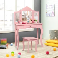 Costway Kids Vanity Table & Stool Princess Dressing Make Up Play Set For Girls Pink -DreamNest Store GUEST b48518ee a593 4270 991b f0a49adef908