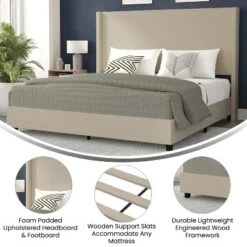 Merrick Lane Modern Platform Bed - Gray Faux Linen - Queen - Padded Wingback Headboard - 8.5" Floor Clearance - Wood Support Slats - No Box Spring Needed -DreamNest Store GUEST b4892910 82f4 406e bcc7 a3abc39395d0