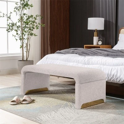 Lily 43.31" Faux Shearling Fabric Look Upholstered Waterfall Bench With Gold Metal Legs-Maison Boucle 10 Lily 43.31" Faux Shearling Fabric Look Upholstered Waterfall Bench With Gold Metal Legs-Maison Boucle - Image 10