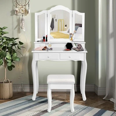 Costway Vanity Makeup Dressing Table Stool 4 Jewelry Wood Desk White 2 Costway Vanity Makeup Dressing Table Stool 4 Jewelry Wood Desk White - Image 2