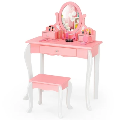 Costway Kids Vanity Princess Makeup Dressing Table Stool Set W/ Mirror Drawer 9 Costway Kids Vanity Princess Makeup Dressing Table Stool Set W/ Mirror Drawer - Image 9