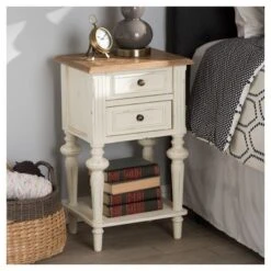 Marquetterie French Provincial Style Weathered Oak Wash Distressed Wood Finish Two - Tone 2 - Drawer And 1 - Shelf Nightstand - White - Baxton Studio -DreamNest Store GUEST ba81e449 1851 46bd 85a6 7ca30b521e62