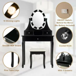 Costway Bedroom Vanity Set Makeup Dressing Table W/3 Drawers 10 LED Bulb Black -DreamNest Store GUEST bb59c28e 65a9 43c3 9273 0be105942c37