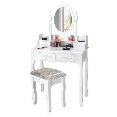 Costway Vanity Wood Makeup Dressing Table Stool Jewelry Desk 4 White 9 Costway Vanity Wood Makeup Dressing Table Stool Jewelry Desk 4 White - Image 9
