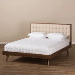 Soloman Mid - Century Modern Fabric And Walnut Finished Wood Platform Bed - Baxton Studio -DreamNest Store GUEST bbc41921 cf39 42a1 97c7 139126416686