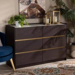 Walker Wood 6 Drawer Dresser With Faux Marble Top Dark Brown/Marble/Gold - Baxton Studio -DreamNest Store GUEST bd08a538 6bbf 4fa7 ae44 72427a76e541