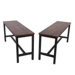 Set Of 2 Wooden Top Indoor Bench With Metal Legs Brown/Black - Benzara