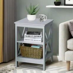 Costway 3-Tier Nightstand End Table X Design Storage Display Shelf Living Room Grey -DreamNest Store GUEST bed41451 8079 469b b0e2 882149341c8b