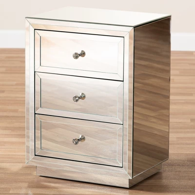Baxton Studio Lina Mirrored 3 Drawer Nightstand Bedside Table Silver - BaxtonStudio 3 Baxton Studio Lina Mirrored 3 Drawer Nightstand Bedside Table Silver - BaxtonStudio - Image 3