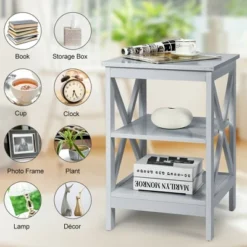 Costway 3-Tier Nightstand End Table X Design Storage Display Shelf Living Room Grey -DreamNest Store GUEST c3d21055 ccd9 4b37 992a 70262533778c