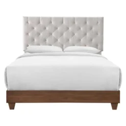 Queen Rhiannon Diamond Tufted Upholstered Fabric Bed Walnut/Beige - Modway