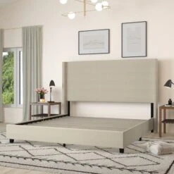 Merrick Lane Modern Platform Bed - Gray Faux Linen - Queen - Padded Wingback Headboard - 8.5" Floor Clearance - Wood Support Slats - No Box Spring Needed -DreamNest Store GUEST c53f7601 1926 4eeb aea7 d6eb091946c3