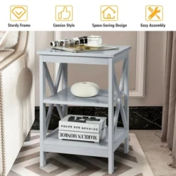 Costway 3-Tier Nightstand End Table X Design Storage Display Shelf Living Room Grey -DreamNest Store GUEST c5ea569b ce67 4651 a789 e4595b52c56e