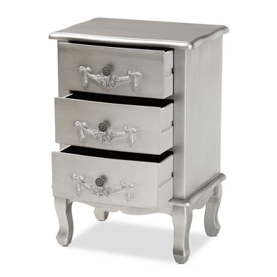 Callen Brushed Wood 3 Drawer Nightstand Silver - Baxton Studio 2 Callen Brushed Wood 3 Drawer Nightstand Silver - Baxton Studio - Image 2