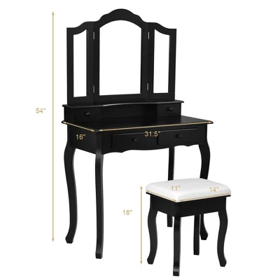 Costway Vanity Makeup Dressing Table Set W/Stool 4 Drawer&Mirror Jewelry Wood Desk Black 2 Costway Vanity Makeup Dressing Table Set W/Stool 4 Drawer&Mirror Jewelry Wood Desk Black - Image 2