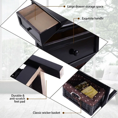 Costway Black Night Stand 3 Tiers 1 Drawer Bedside End Table Organizer Wood W/2 Baskets 3 Costway Black Night Stand 3 Tiers 1 Drawer Bedside End Table Organizer Wood W/2 Baskets - Image 3
