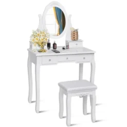 Costway Bedroom Wooden Mirrored Makeup Vanity Set Stool Table Set White 5 Drawers -DreamNest Store GUEST ca03e438 4e38 4409 a883 e28510562ced