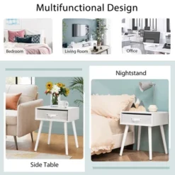 Costway Mid-Century Nightstand End Accent Bedside Table W/ Fabric Drawer Rustic White -DreamNest Store GUEST cb1b1988 967f 4cc7 ac59 b20b6b62e378