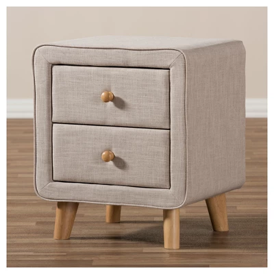 Jonesy Mid - Century Linen Upholstered 2 - Drawer Nightstand - Buff Beige - Baxton Studio 4 Jonesy Mid - Century Linen Upholstered 2 - Drawer Nightstand - Buff Beige - Baxton Studio - Image 4