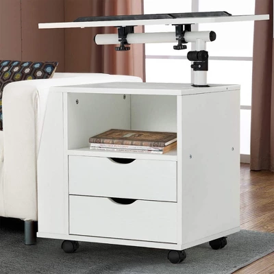 EROMMY 360 Degree Swivel Top Adjustable Height Bedside Nightstand End Table With Storage Drawers, Shelves, Lockable Wheels, & Computer Baffle, White 2 EROMMY 360 Degree Swivel Top Adjustable Height Bedside Nightstand End Table With Storage Drawers, Shelves, Lockable Wheels, & Computer Baffle, White - Image 2