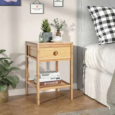 Costway Bamboo Nightstand Natural Side End Table W/Drawer For Living Room Bedroom 1 Costway Bamboo Nightstand Natural Side End Table W/Drawer For Living Room Bedroom
