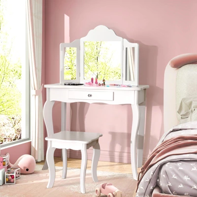 Costway Kid Vanity Table Set With Tri-folding Mirror 2-in-1 Makeup Dressing Table Stool Set 9 Costway Kid Vanity Table Set With Tri-folding Mirror 2-in-1 Makeup Dressing Table Stool Set - Image 9