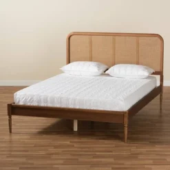 King Elston Wood And Synthetic Rattan Platform Bed Brown/Ash Walnut - Baxton Studio -DreamNest Store GUEST d4909bb3 62a7 4e02 8b46 9ac7c1f96887