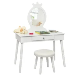 Tangkula Kids Princess Vanity Table Set W/ Chair Crown Mirror White -DreamNest Store GUEST d66545e7 922b 4cb2 a2a4 028d9cf71a79