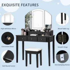 Costway Vanity Table Stool Set Large Tri-folding Lighted Mirror 6 Drawer Dresser WhiteBlack 13 Costway Vanity Table Stool Set Large Tri-folding Lighted Mirror 6 Drawer Dresser WhiteBlack -DreamNest Store GUEST d7efa4fd 366d 46b8 9c18 845e13082a6f