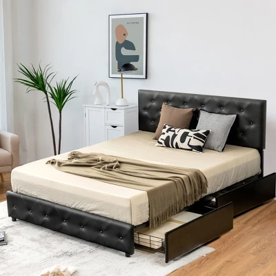 Costway Upholstered Platform Bed W/ 4 Drawers PU Leather Button Tufted Headboard 11 Costway Upholstered Platform Bed W/ 4 Drawers PU Leather Button Tufted Headboard - Image 11
