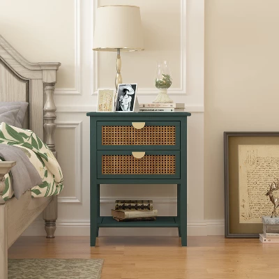Archie 28.35"H X 15.75"D X 22.05"W Ash Wood Veneer 2 Drawer With Naturel Rattan And Pine Legs Nightstand With Storage - The Pop Maison 1 Archie 28.35"H X 15.75"D X 22.05"W Ash Wood Veneer 2 Drawer With Naturel Rattan And Pine Legs Nightstand With Storage - The Pop Maison