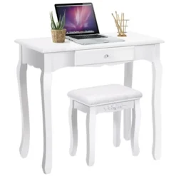 Costway White Vanity Wood Makeup Dressing Table Stool 3 Drawer -DreamNest Store GUEST d9be94ee 7123 4069 acca 2c5c66a7cd33
