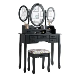 Tangkula Tri-Folding Mirror Vanity Makeup Set Dressing Table & Stool Unit W/ 7 Drawer -DreamNest Store GUEST da34f162 ab63 4dea 9258 3967d38f0f26