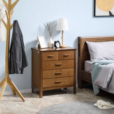 HOMCOM Tall Dresser For Bedroom, 5 Drawer Dresser, Chest Of Drawers With Bamboo Frame, Brown 2 HOMCOM Tall Dresser For Bedroom, 5 Drawer Dresser, Chest Of Drawers With Bamboo Frame, Brown - Image 2