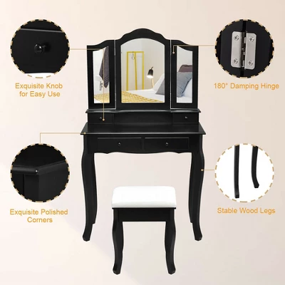 Costway Vanity Makeup Dressing Table Set W/Stool 4 Drawer&Mirror Jewelry Wood Desk Black 7 Costway Vanity Makeup Dressing Table Set W/Stool 4 Drawer&Mirror Jewelry Wood Desk Black - Image 7
