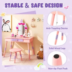 Costway Kids Vanity Set Princess Makeup Pretend Play Dressing Mirror Castle Girls Pink -DreamNest Store GUEST e0b8bc8b c9ac 4700 8ffb 802f4e83f312