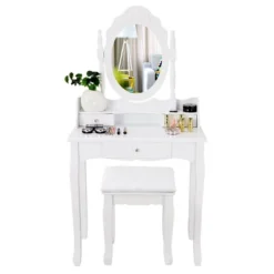 Costway White Vanity Wood Makeup Dressing Table Stool 3 Drawer -DreamNest Store GUEST e12324ff c7ba 4ea5 a925 035ee19d1e4e