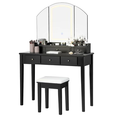 Costway Vanity Table Stool Set Large Tri-folding Lighted Mirror 6 Drawer Dresser WhiteBlack 9 Costway Vanity Table Stool Set Large Tri-folding Lighted Mirror 6 Drawer Dresser WhiteBlack - Image 9