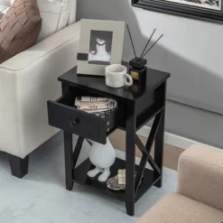 Costway Nightstand Chair Side End Table With Drawer & Shelf Bedroom Furniture White BrownBlack