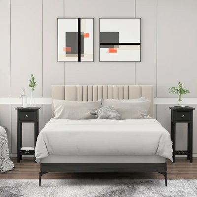 Costway 2PCS 2 Tier End Bedside Sofa Side Table With Drawer Shelf Acacia Wood Nightstand Black 2 Costway 2PCS 2 Tier End Bedside Sofa Side Table With Drawer Shelf Acacia Wood Nightstand Black - Image 2