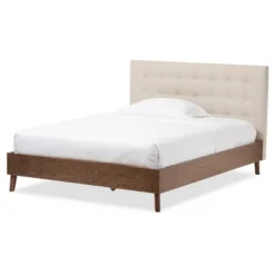 Alinia Mid-Century Retro Modern Fabric Upholstered Walnut Wood Platform Bed - Queen - Baxton Studio -DreamNest Store GUEST e7a4064b dfaf 4da7 9d3a f6de96a2458d