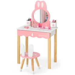 Costway Kids Vanity Set Rabbit Makeup Dressing Table Chair Set W/ Mirror Drawer WhitePink -DreamNest Store GUEST e92ba854 8cd8 4a2b 9cdb 1d49f348be27