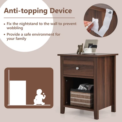 Costway Nightstand Bedside Table With Drawer & Open Shelf For Living Room Bedroom Walnut/Brown 7 Costway Nightstand Bedside Table With Drawer & Open Shelf For Living Room Bedroom Walnut/Brown - Image 7